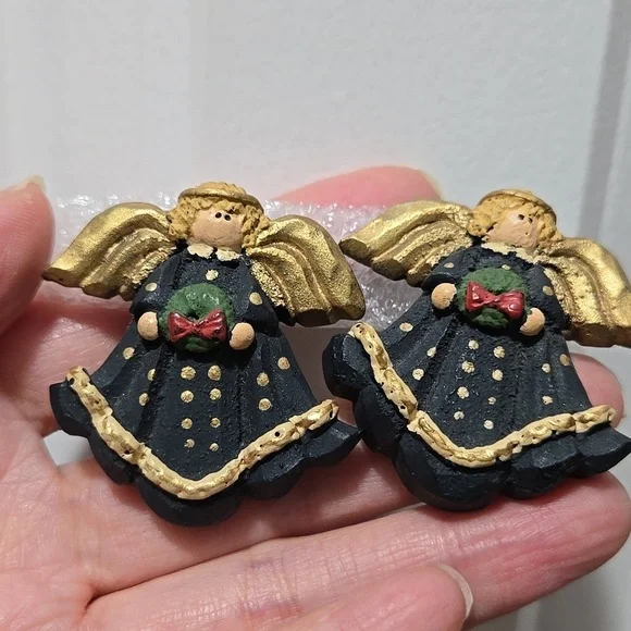 Gold and Black Christamas Angel Eartings  Clip On Earrings - Picture 8 of 12